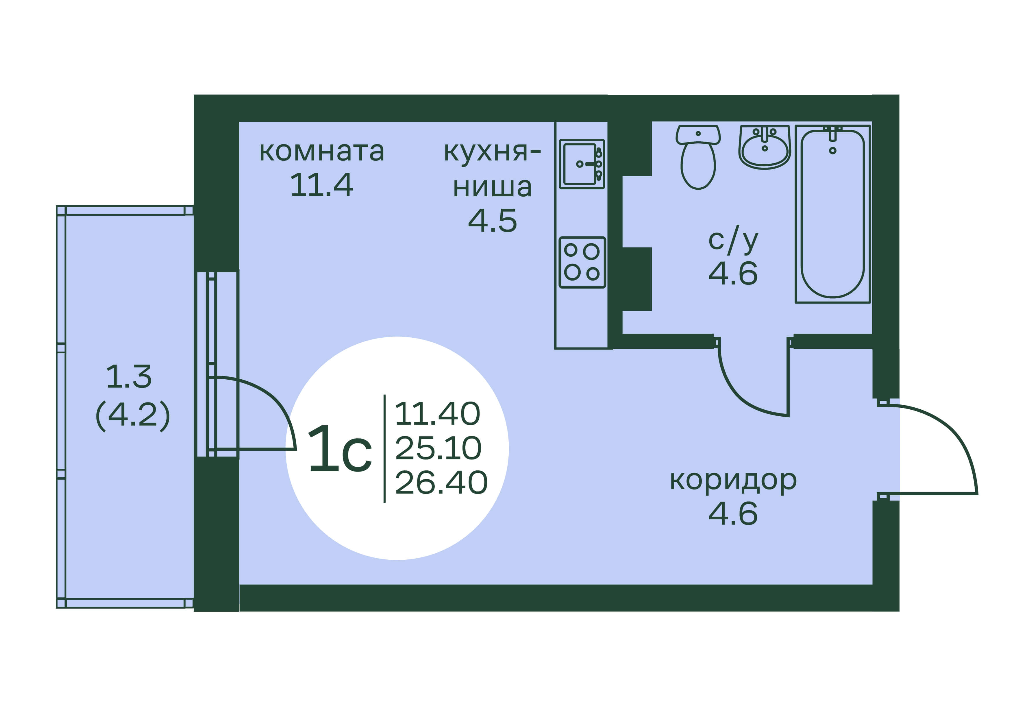 1-комнатная, 26.4 м² 1