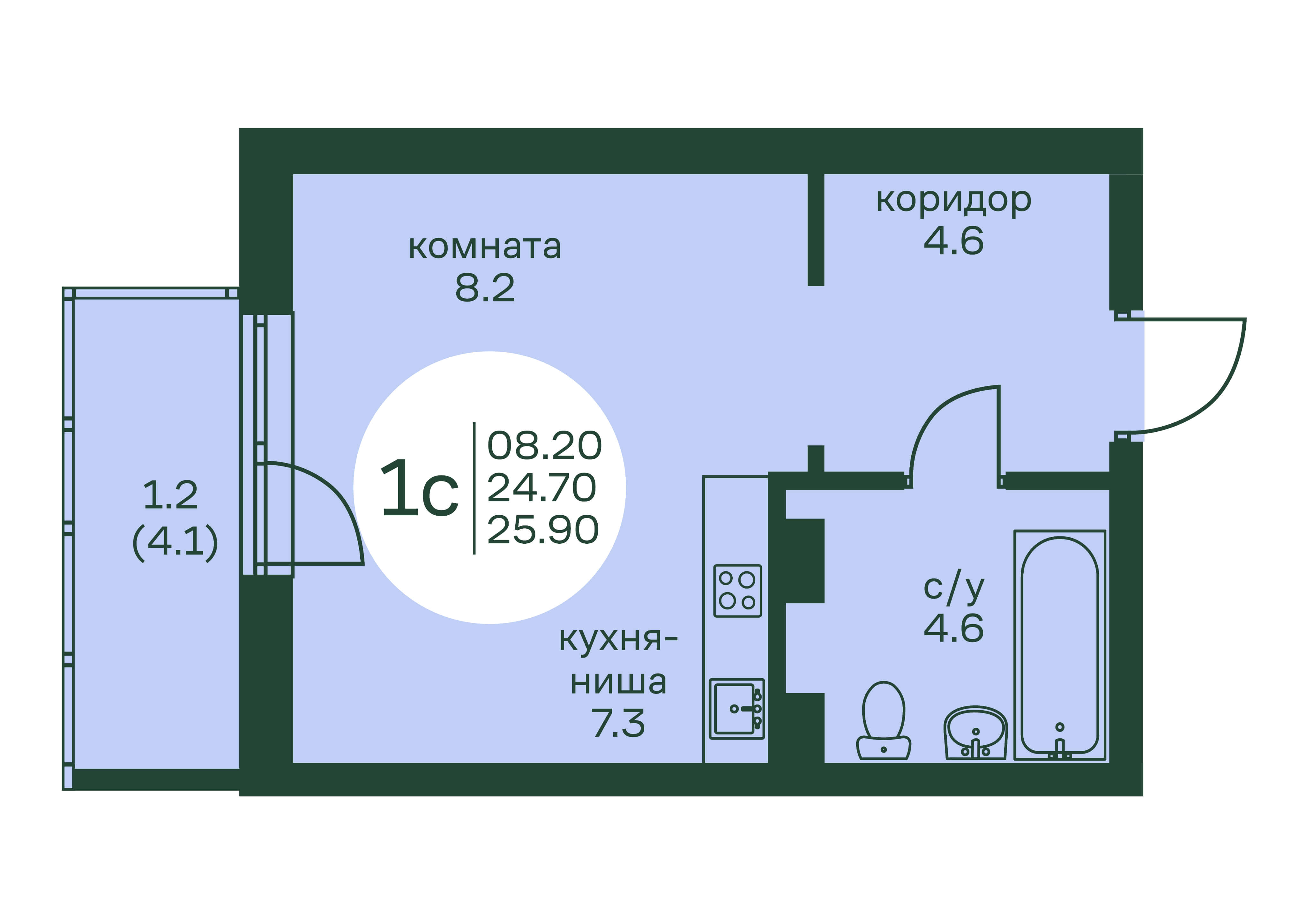 1-комнатная, 25.9 м² 1