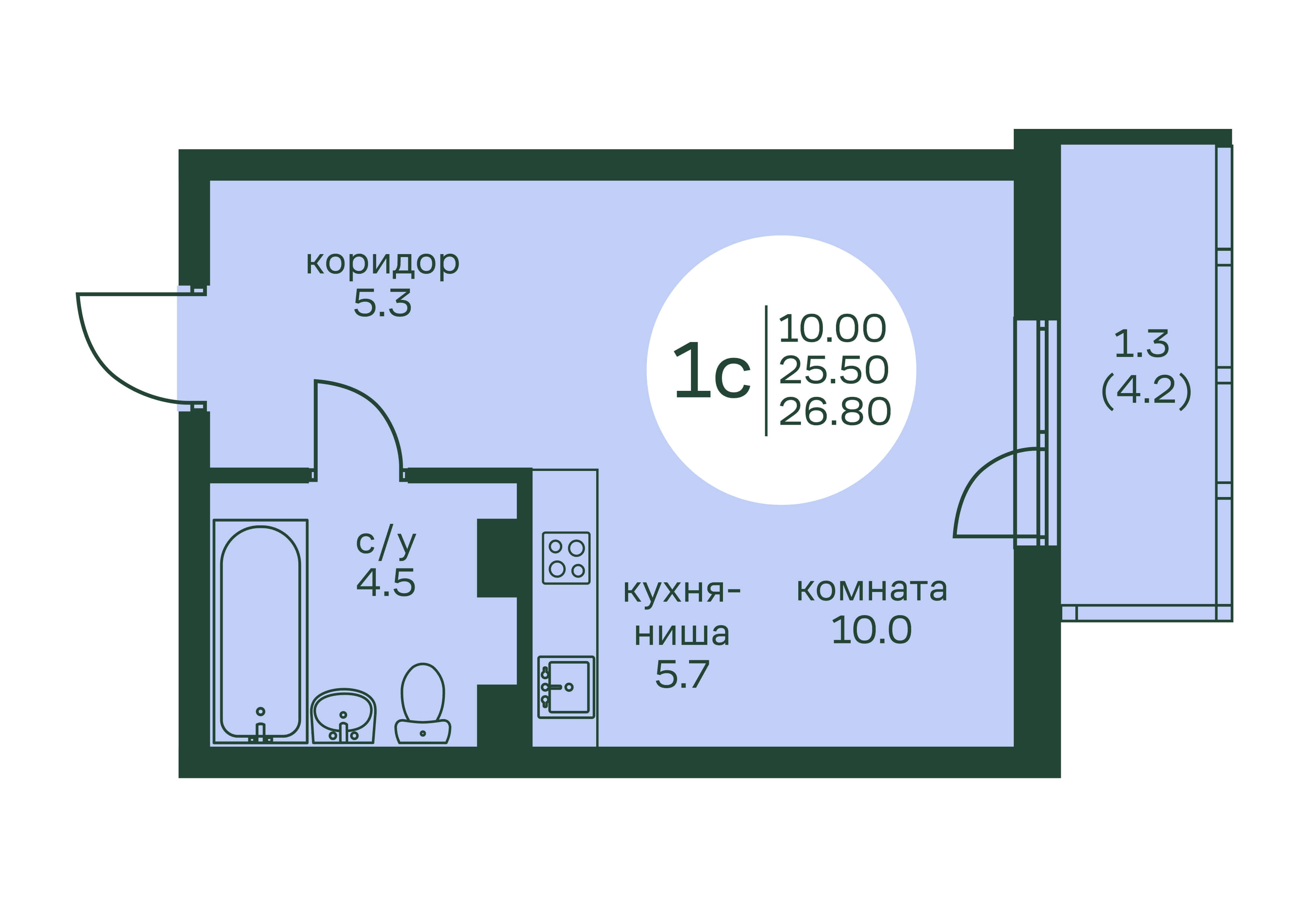 1-комнатная, 26.8 м² 1