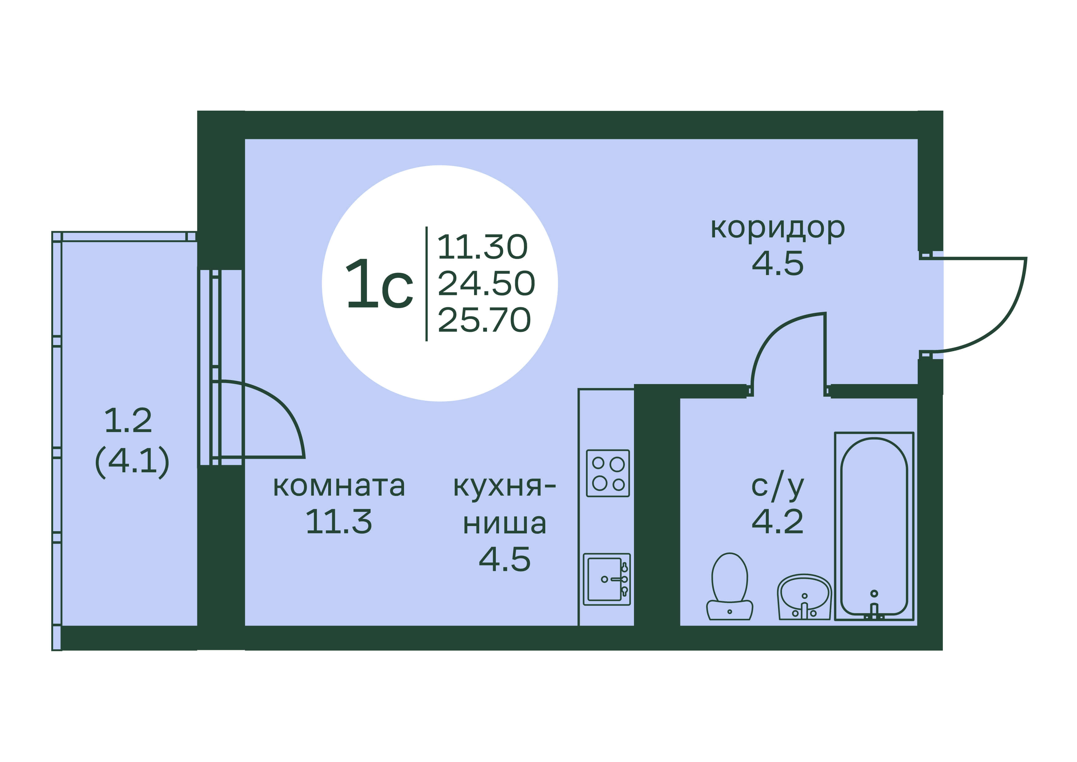 1-комнатная, 25.7 м² 1